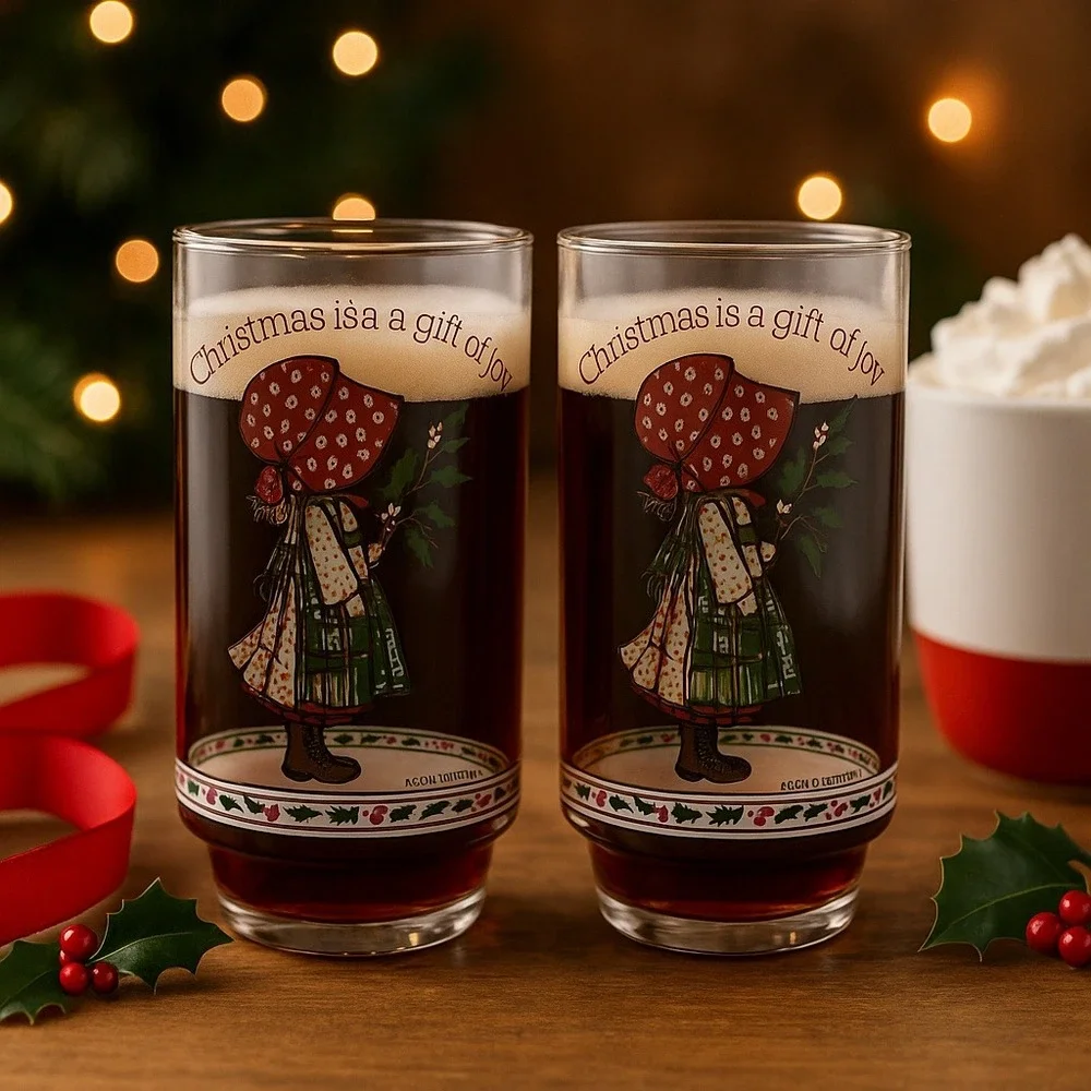Set of‎ 2 Holly Hobbie Coca-Cola Christmas Glasses 1970s Vintage Limited Edition